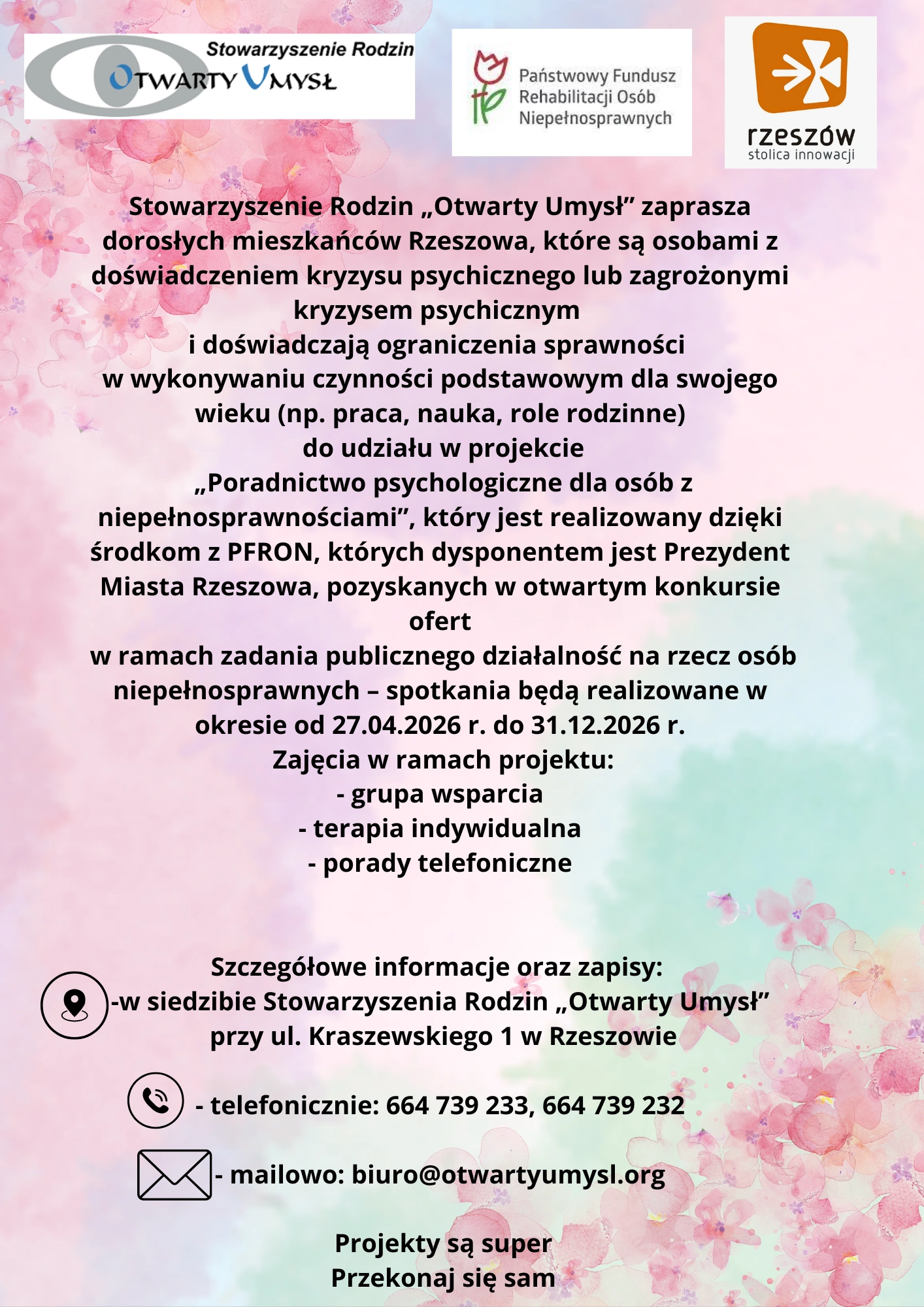 Stowarzyszenie Rodzin „Otwarty Umysl zaprasza doroslych mieszkancow Rzeszowa do udzialu w projekcie „Aktywna rehabilitacja – wsparcie dla osob z niepelnosprawnosciami ktory jest realizowany dzi